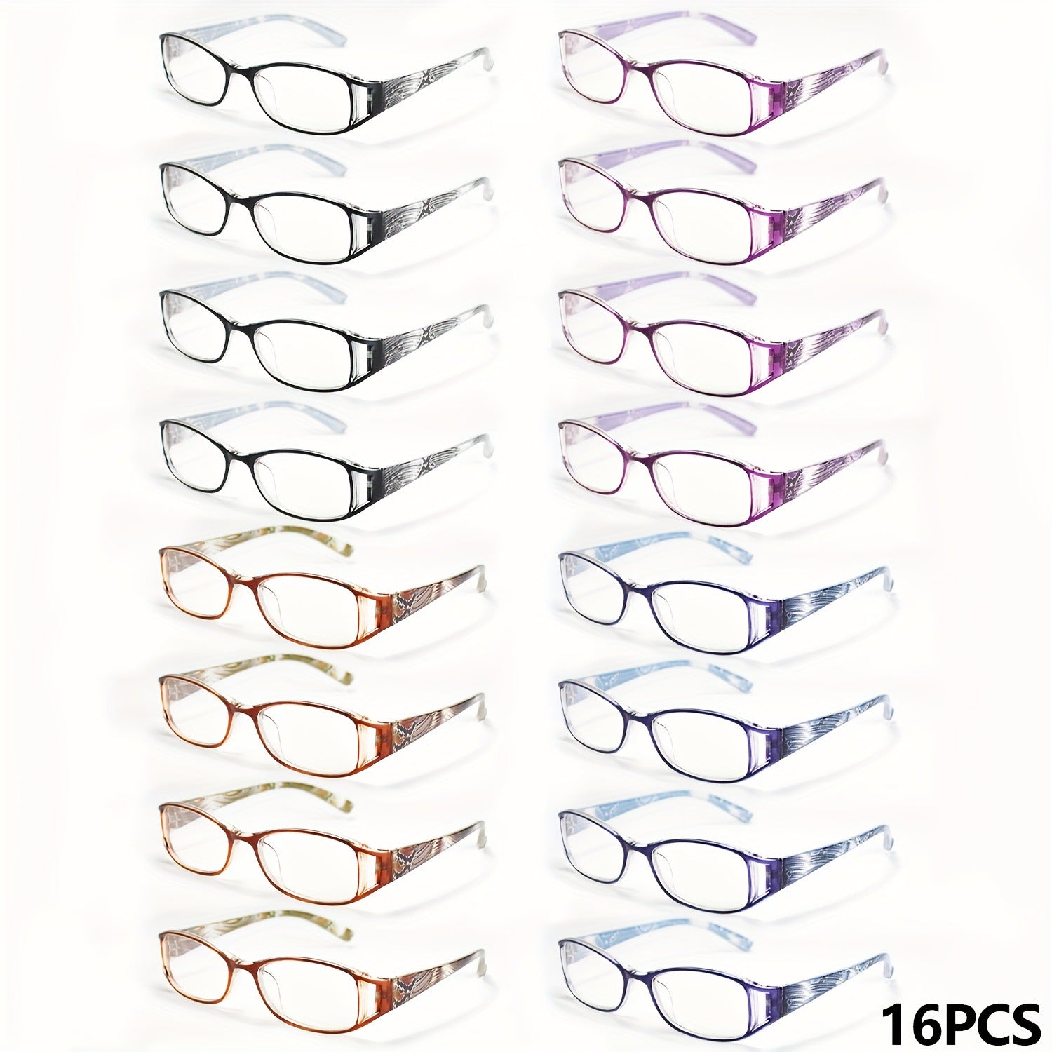 Womens Reading Glasses 16 Pack Elegant Square Full Frame High Definition Lenses 4 Colors Purple Blue Brown Black Comfortable Stylish Readers for Computer Book Reading Long Distance Magnification 1.0 to 4.0