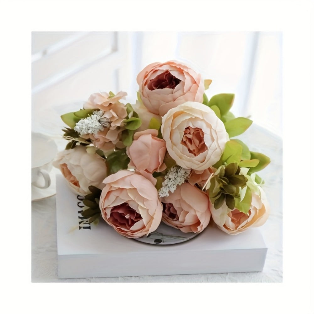 Faux Peonies Hydrangeas Artificial Flowers Vintage Silk Bouquet - Pink Green Mix Floral Centerpiece for Bridal Wedding Home Table Decor Rustic Farmhouse Arrangement