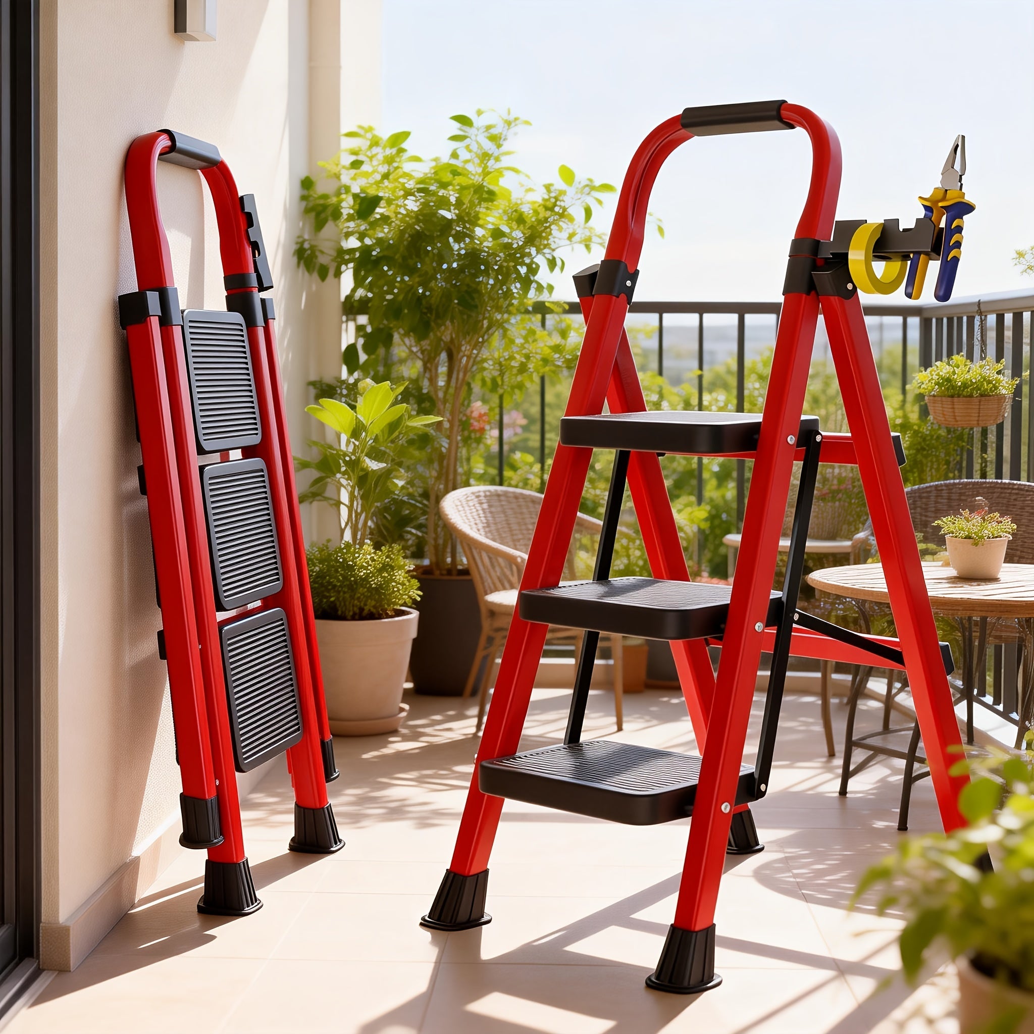 Folding Step Ladder 3 5 Step 500 lb Heavy Duty Steel Anti-Slip Wide Treads Handrail Safety Lock Portable Multi-Function Step Stool for Home Kitchen Garage Outdoor Black Red