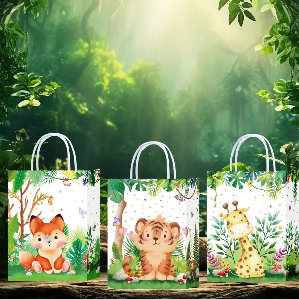 Party Favor Bags Safari Animals Jungle Theme Woodland Print Paper Goodie Bags with Handles for Kids Birthday Party Candy Gift Bags 8 Styles 16 or 32 Pack