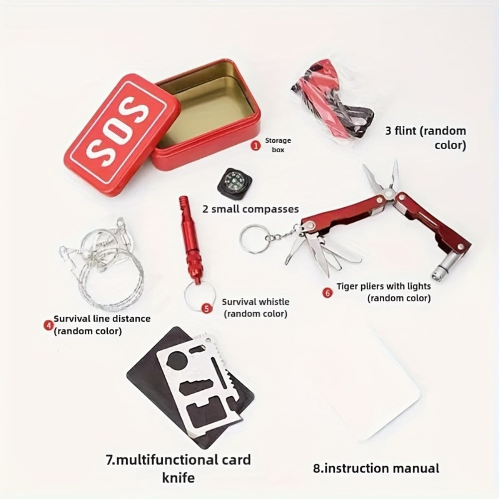 Outdoor Survival Gear Kit 6pcs SOS Emergency Set with Multi-Tool Whistle Compass Fire Starter Paracord Compact Wilderness Survival Tool Kit for Camping Hiking Backpacking Hunting Adventure Red