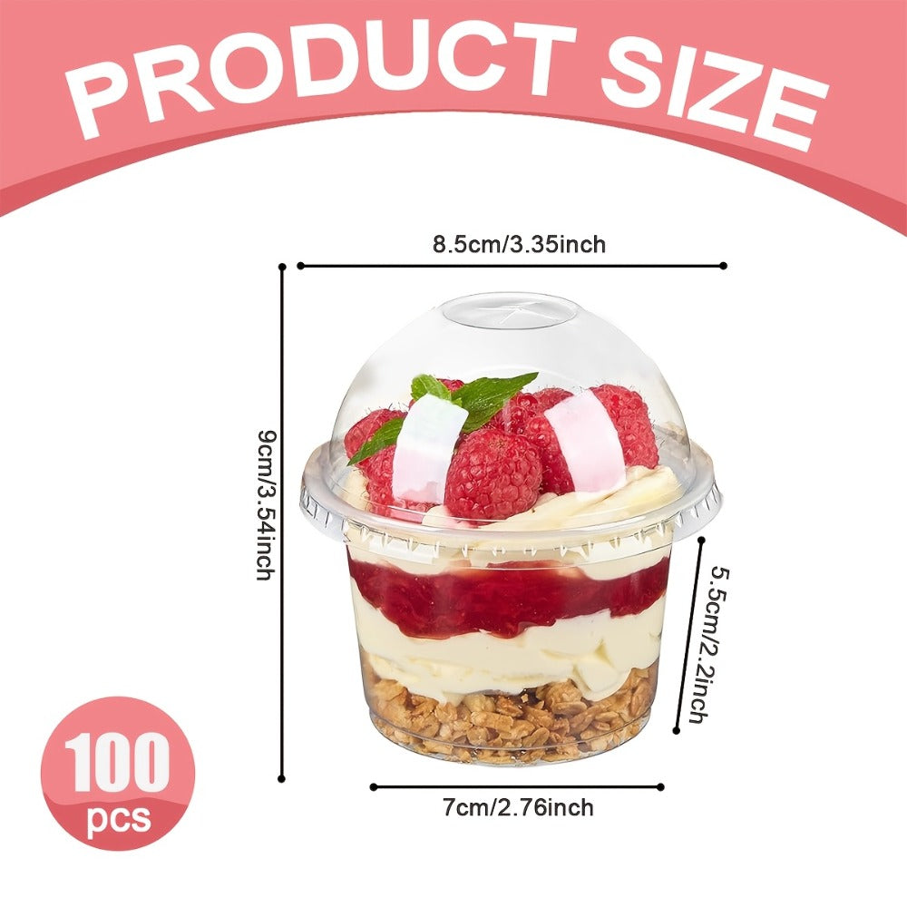 Clear Plastic Cups with Dome Lids 100pcs 8oz Disposable Dessert Cups for Party Cake Fruit Ice Cream Cupcake Pudding