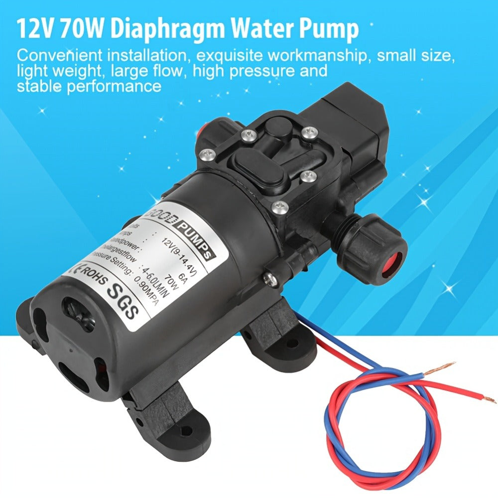 12V DC High Pressure Diaphragm Water Pump 70W Self Priming Pump 6L/Min 0.9MPA Portable Booster Pump for RV Caravan Boat Sprayer Cooling Welding Drill Cleaning Water Transfer