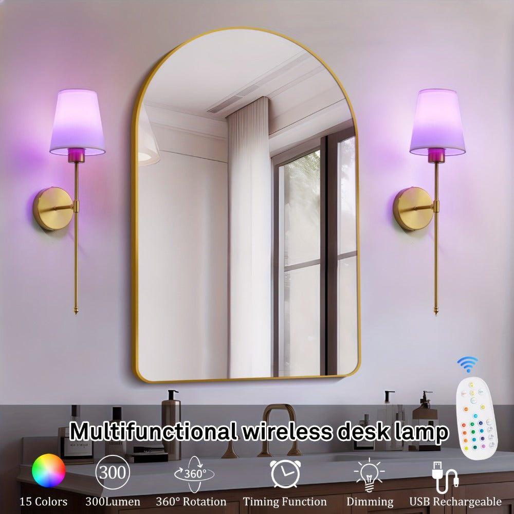 Rechargeable Wall Sconce 2-Pack RGB ¨C 15-Color Dimmable LED Wall Light with Remote Control, 5200mAh Battery, No Wiring for Bedroom, Living Room, Kitchen & Corridor (Gold / Black)