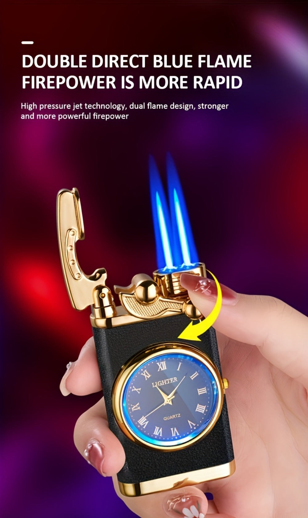 Vintage Rocker Butane Lighter Blue Double Flame Windproof - Multi-Function Dial, Adjustable Flame, Indoor & Outdoor | Gift for Dad & Boyfriend | Butane Not Included