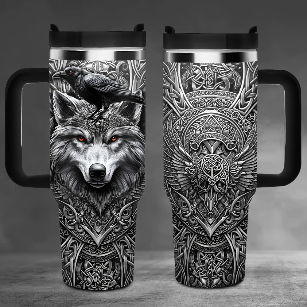 40oz Viking Tumbler with Handle - Wolf Raven Norse Mythology Celtic Knot Stainless Steel Insulated Travel Mug, Viking Gift for Men Women, Coffee Mug for Viking Lovers, Norse Mythology Gift