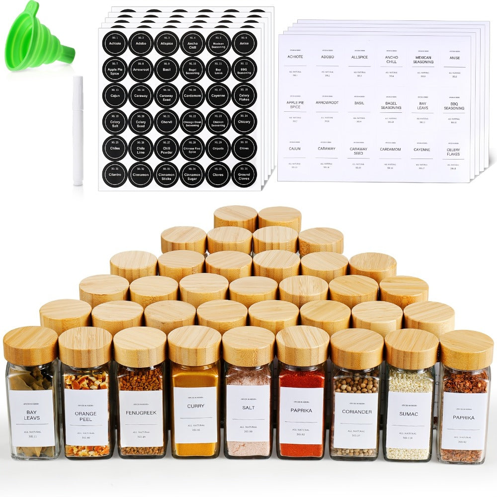 Glass Spice Jars 4oz with Bamboo Lids Labels and Collapsible Funnels Seasoning Storage Bottles for Spice Rack Cupboard Pantry Kitchen Organization 15 24 or 36pcs