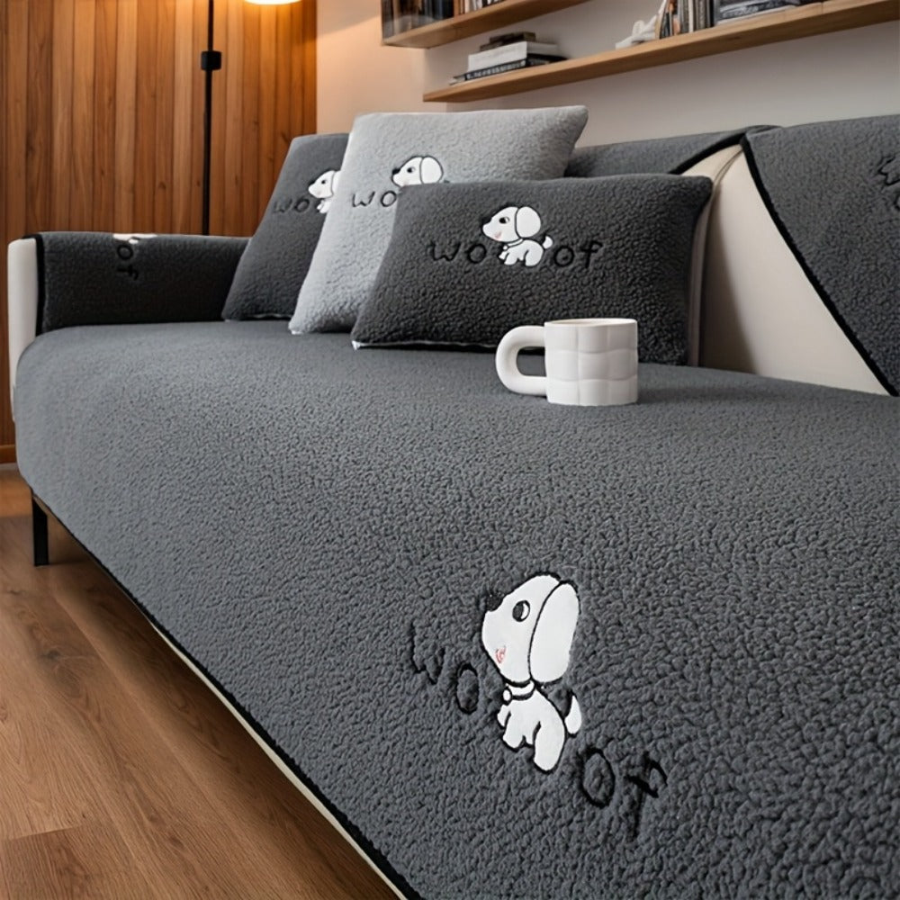Sherpa Plush Sofa Cover Non-Slip | Thick Fleece Couch Protector, Pet Friendly Furniture Shield, 1 to 4 Seat, Armrest Backrest Pillowcase, Deep Gray Light Gray Coffee Off White