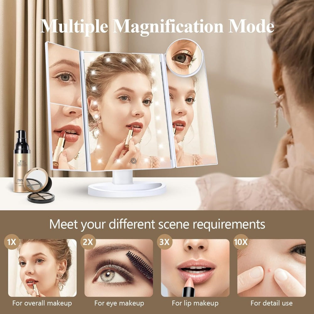 LED Tri-Fold Makeup Mirror with Touch Screen ¨C 1X/2X/3X/10X Magnifying Vanity Mirror, Flexible Adjustable Base, Lighted Travel Mirror for Makeup Desk, Bedroom & Bathroom | Gift for Women