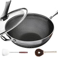 Stainless Steel Wok Set 13.3 Inch Non-stick Honeycomb Design with Lid & 2 Cookware Accessories ¨C Induction Compatible Cooking Pan for Electric Ceramic Gas Stove, Dishwasher Safe