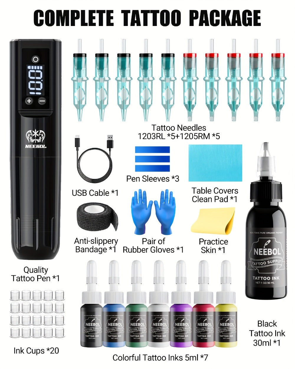 Wireless Tattoo Gun Kit ¨C Neebol Cordless Rotary Tattoo Machine with 2000mAh Battery, 10 Cartridge Needles, 7 Inks, Green Soap & Tattoo Supplies ¨C Portable Beginner & Artist Set