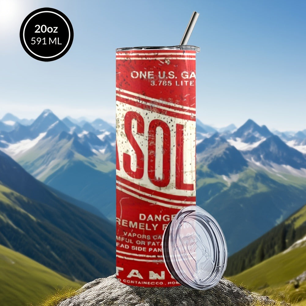 Insulated Tumbler Vintage Gasoline Can Design 20oz - Stainless Steel Travel Mug with Lid & Straw, Double Wall Coffee Cup for Hot Cold Drinks, Camping Drinkware, Unique Gift