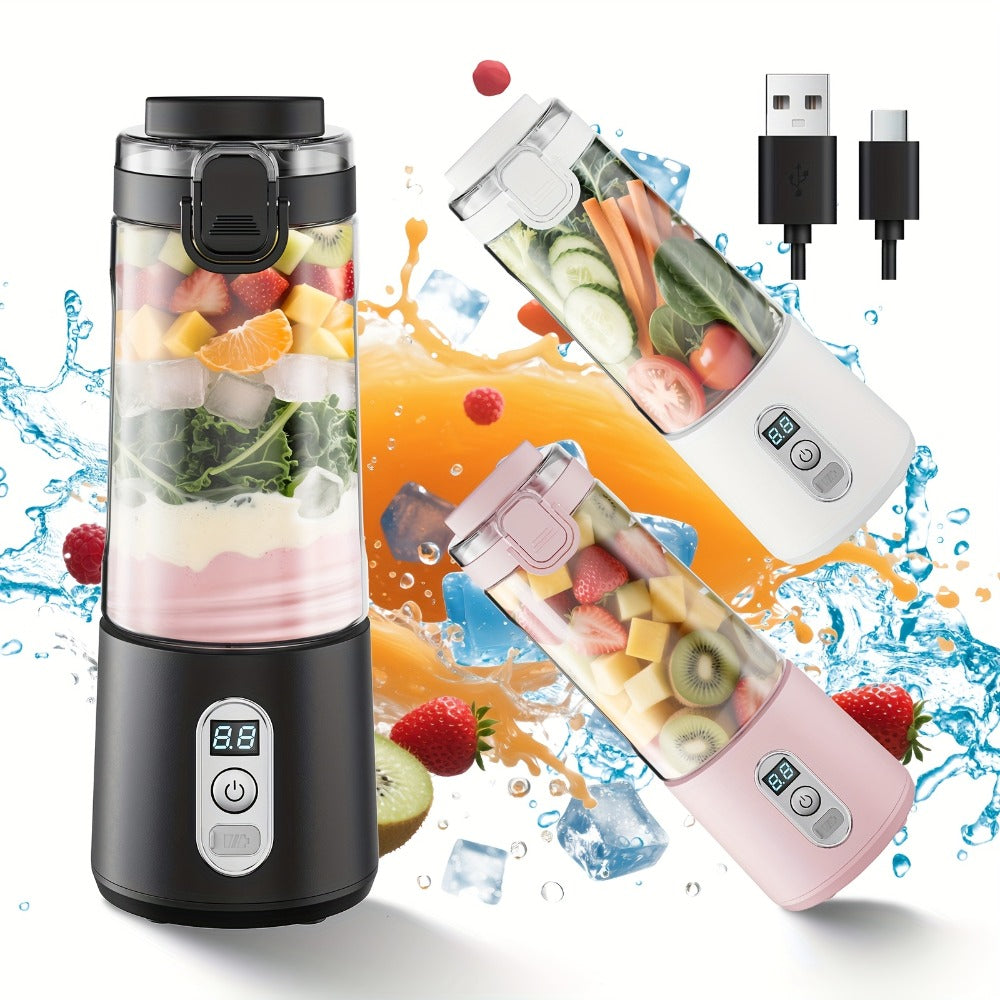 Portable Smoothie Blender USB-C Fast Charge 6-Blade Stainless Steel ¨C Digital Timer Battery Display High-Speed Ice Crush No-Spill Lid | Protein Shake Gym Travel Blender in Black Pink White