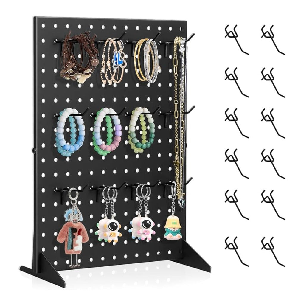 Pegboard Jewelry Display Stand with 12 Removable Peg Hooks Countertop Jewelry Organizer Rack Freestanding Iron Hole Board Display Tower for Necklace Earring Bracelet Ring Accessories Black White