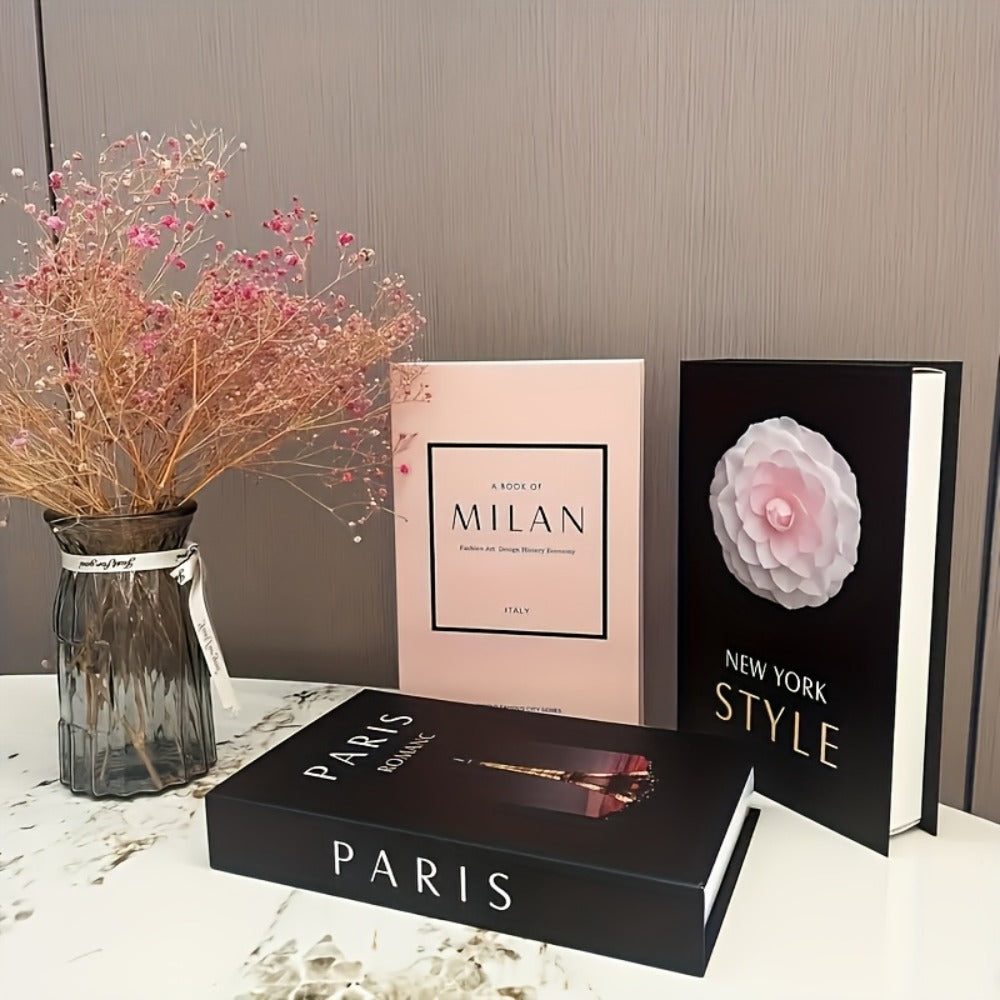 Decorative Fake Books Set of 3 Walnut Wood Style Coffee Table Decor London New York Theme Faux Books for Home Office Shelf Entryway Christmas Gift
