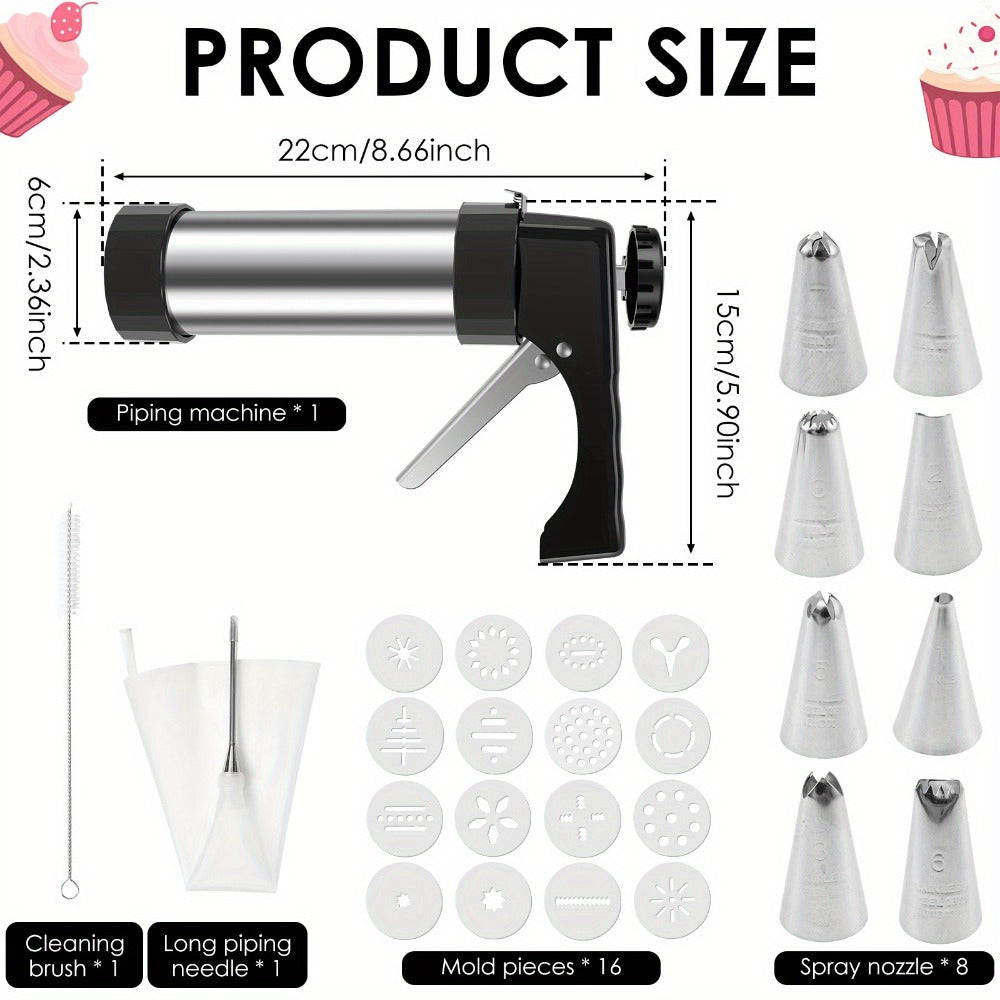 Cookie Press Kit Stainless Steel - 16 Cookie Discs & 8 Icing Tips, Biscuit Press Maker for Christmas Holiday Baking, Cake Dessert Decorating Tool Set with Cleaning Brush