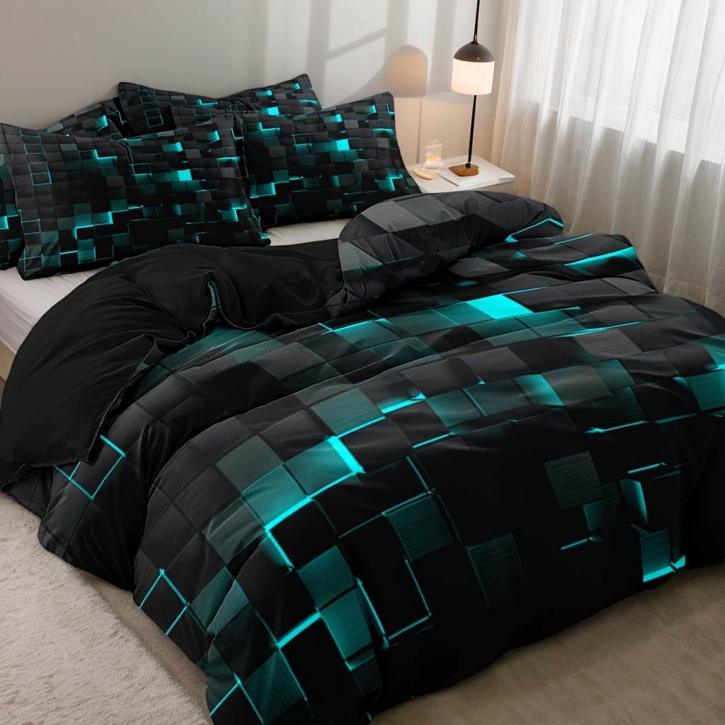 Duvet Cover Set Queen King Twin Full 3D Geometric Cube Print | 3-Piece Polyester Bedding Set | Black Blue Grid Pattern | All-Season Soft Quilt Cover + 2 Pillowcases | Machine Washable