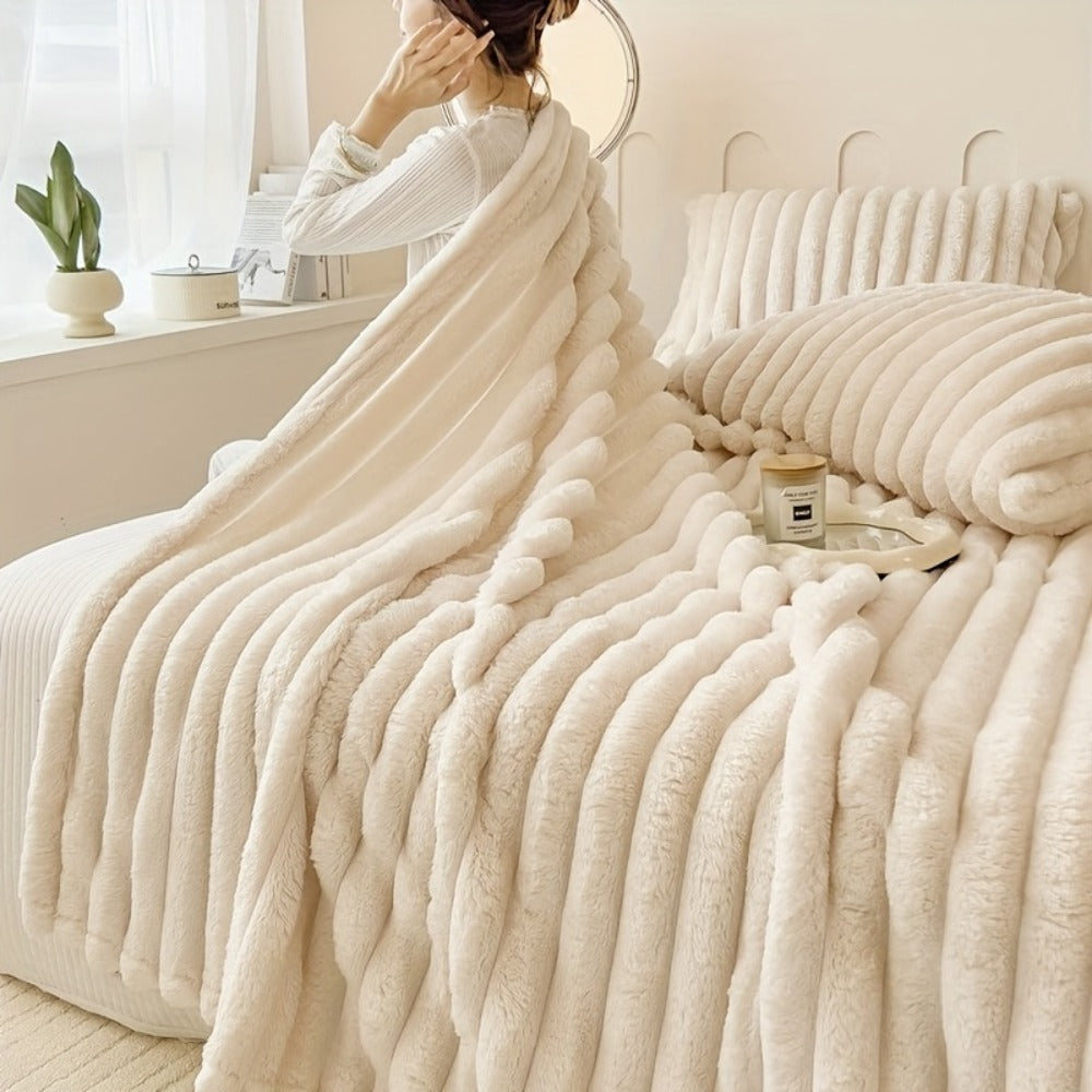 Reversible Faux Rabbit Hair Blanket ¨C Thickened Soft Thermal Throw for Bed, Nap, Office & Camping, All Season, 4 Colors, 5 Sizes