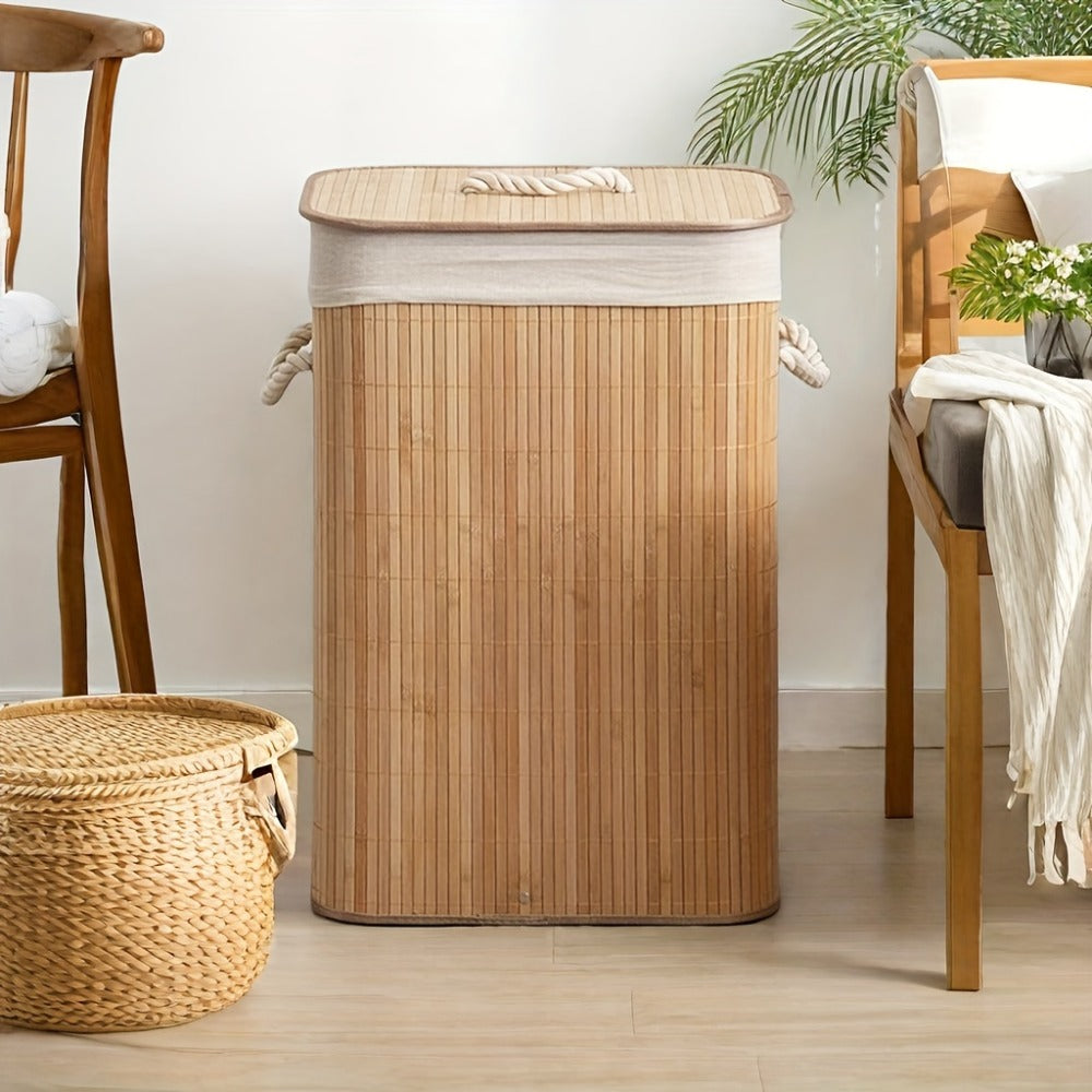 Collapsible Laundry Basket Bamboo Foldable Rattan Clothes Hamper - Space Saving Rectangular Storage Bin for Bedroom, Dorm Room & Bathroom, No Tools Assembly, Upgrade & Standard Models Available