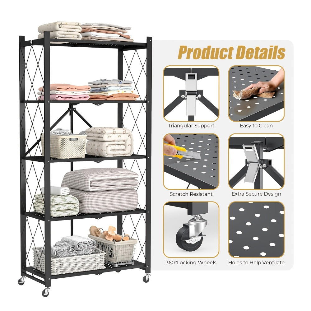 Foldable Storage Rack with Lockable Wheels 3 4 5 Tier Carbon Steel No Assembly Space Saving Floor Standing Shelf for Bedroom Balcony Garden