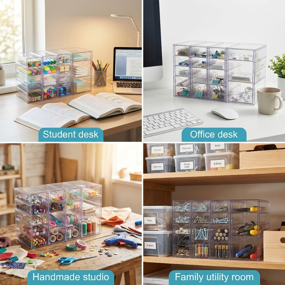 Clear Acrylic Drawer Organizer with 8 or 16 Drawers - Stackable Desktop Storage for Makeup, Jewelry, Office Supplies & Art Crafts, Modular Desk Organizer Set for Home & Office