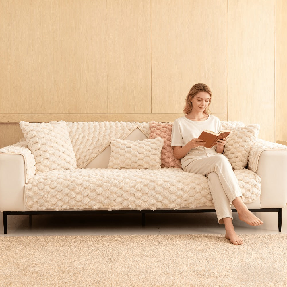 Non-Slip Sofa Cushion Cover Fuzzy Couch Pad Anti-Scratch Pet Friendly Machine Washable Fits 2 3 4 Seat Sectional Recliner 35.5 Inch Wide Beige Light Brown Grey