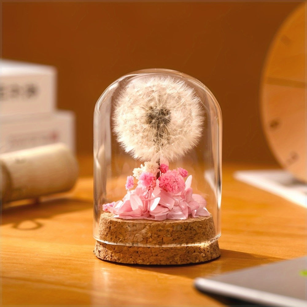 Glass Dome Preserved Dandelion Flower Arrangement - Eternal Floral Keepsake Display Case for Home Office Desk Decor, No Electricity Needed