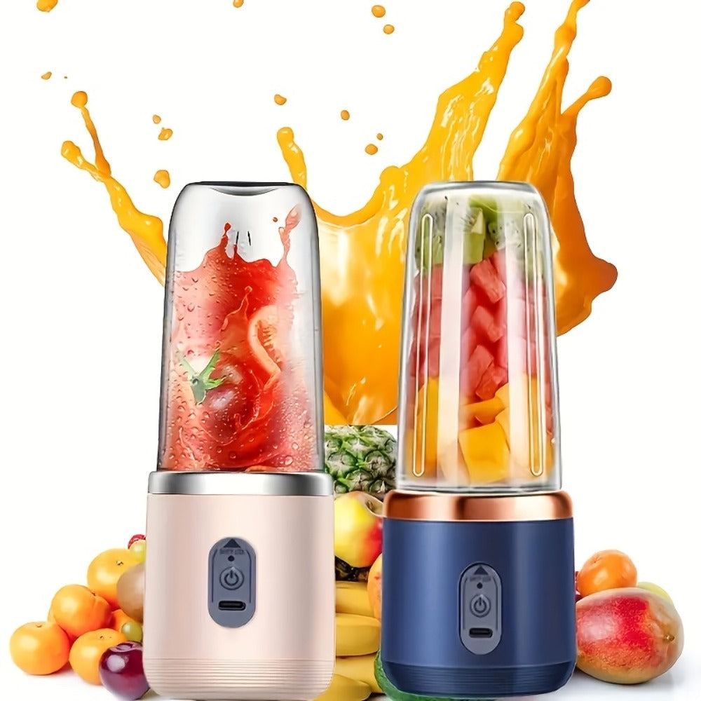 Portable Wireless Juicer Blender Double Cup - USB Rechargeable 6-Blade Mini Blender with 1500mAh Battery, Multifunctional Smoothie Maker for Home, Travel, Gym & Outdoor, Blue & Pink
