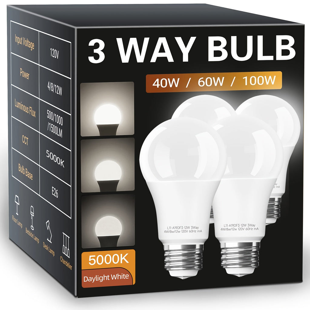 3-Way A19 Light Bulb 50 100 150W Equivalent 1500 Lumens E26 Medium Base ¨C Warm White 2700K & Daylight 5000K Three-Way Bulb for Bedroom Living Room Study Room Floor Lamp, 4 Pack