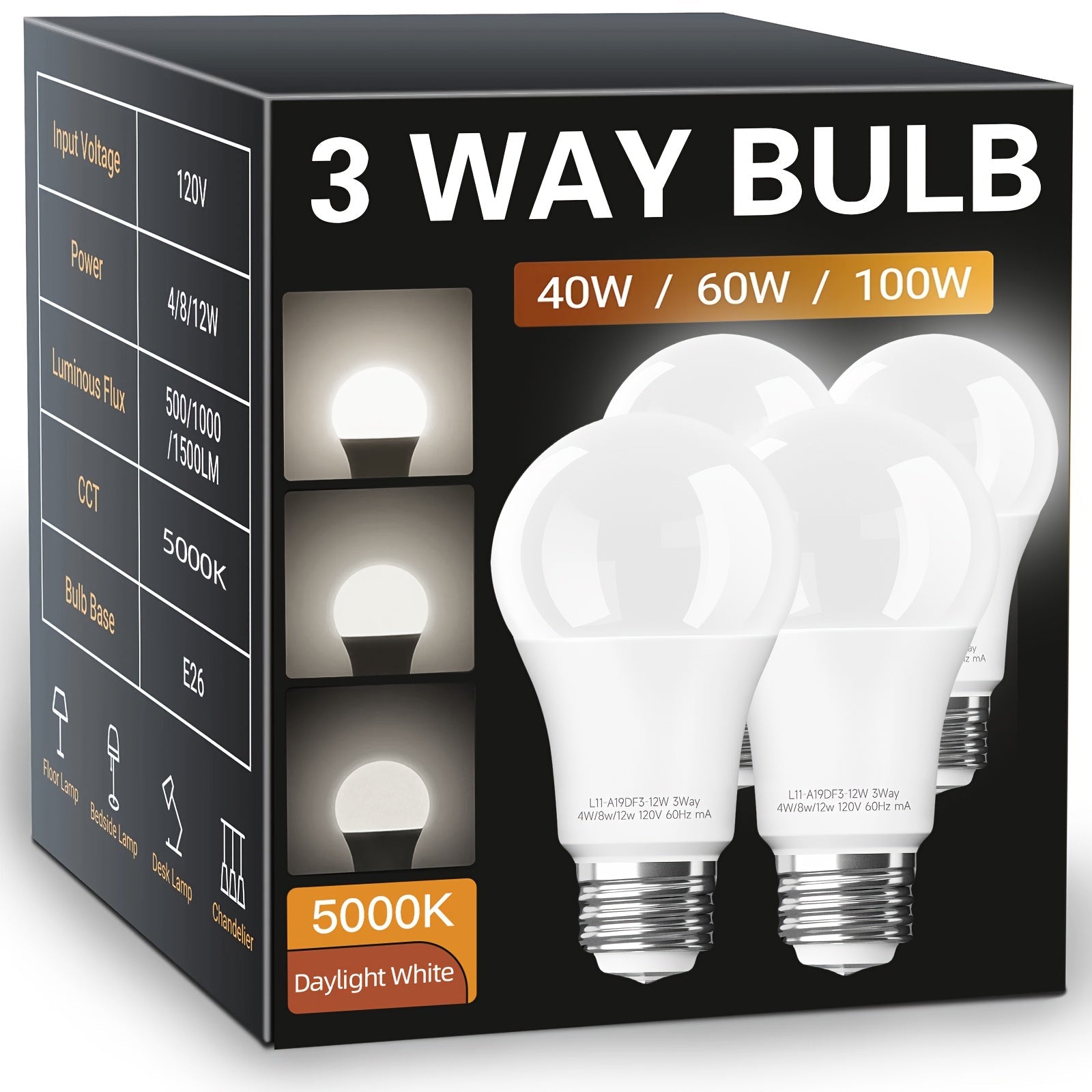 3-Way A19 Light Bulb 50 100 150W Equivalent 1500 Lumens E26 Medium Base ¨C Warm White 2700K & Daylight 5000K Three-Way Bulb for Bedroom Living Room Study Room Floor Lamp, 4 Pack