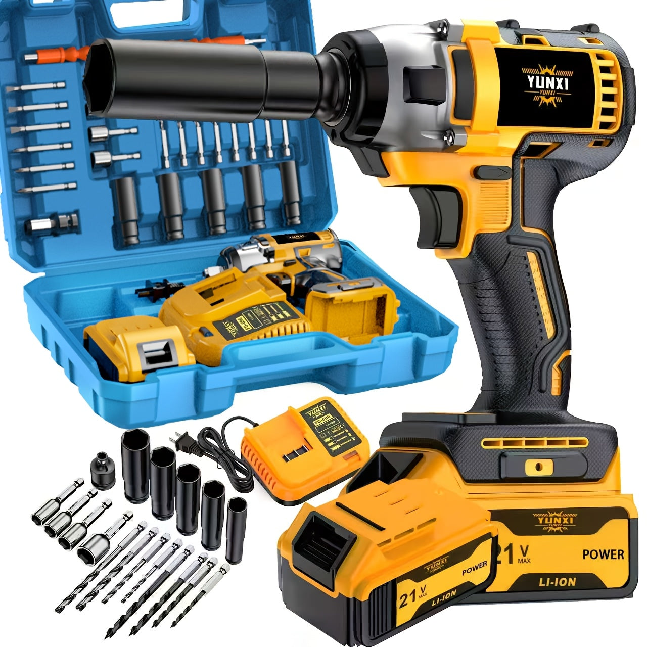 Impact Drill Set 21V Cordless with Drill Bit Accessories, Toolbox & Charger ¨C Heavy Duty Wireless Impact Wrench Drill, 2AH / 4AH Battery Options, for Car Repair, Construction & Heavy-Duty DIY Projects