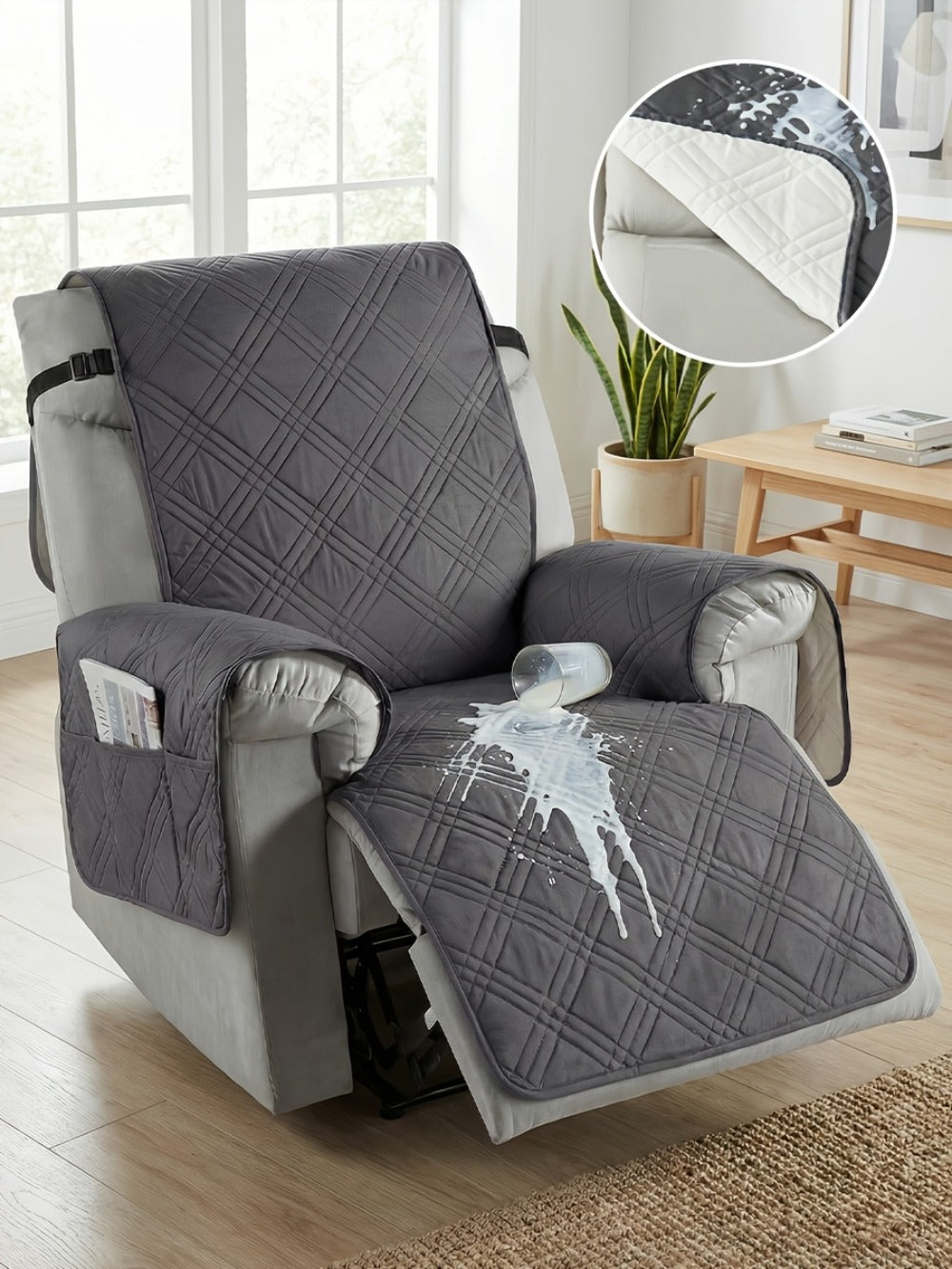 Recliner Cover Quilted with Side Pocket - Anti-Slip Elastic Band Pet Friendly Sofa Chair Protective Slipcover Easy Install for Living Room Home Decor, 6 Colors