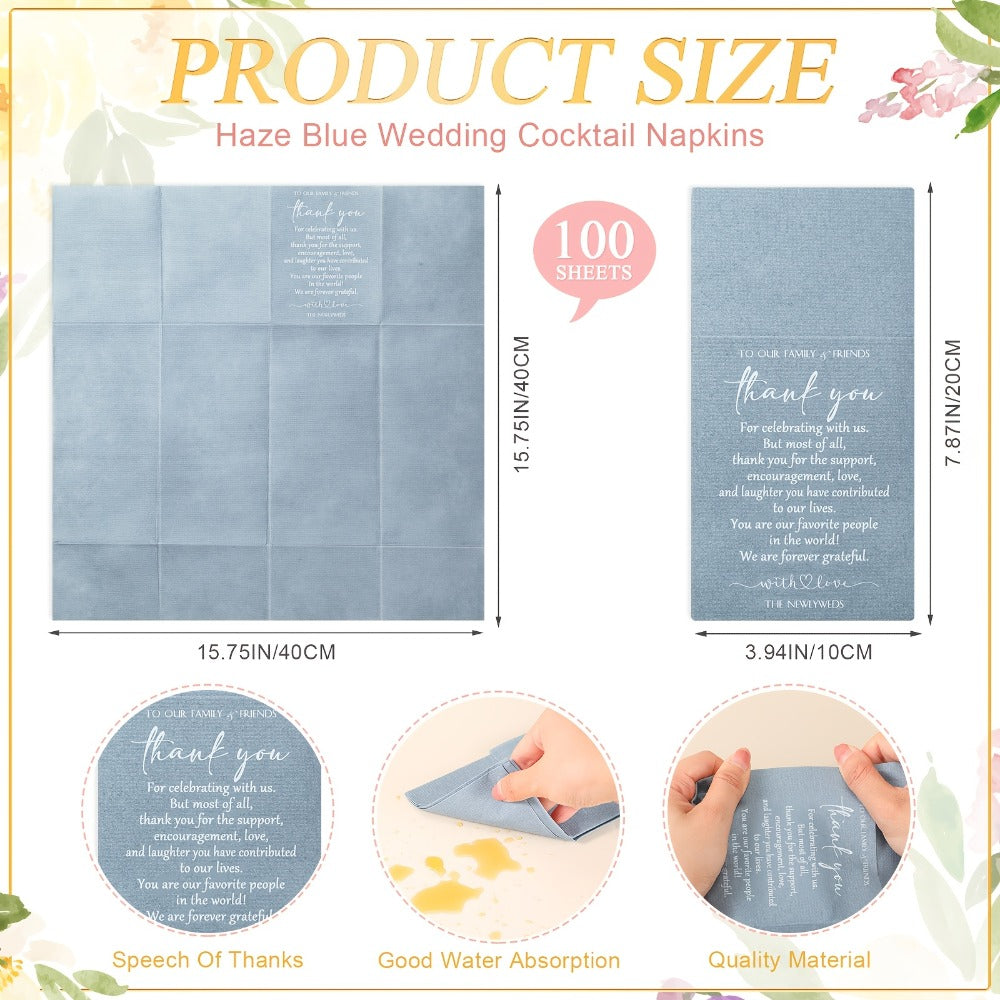 Wedding Cocktail Napkins 100pcs Thank You Napkins with Utensil Pocket Haze Blue Tissue Napkins for Bridal Shower Rehearsal Dinner Reception Party Supplies Newlyweds Guests