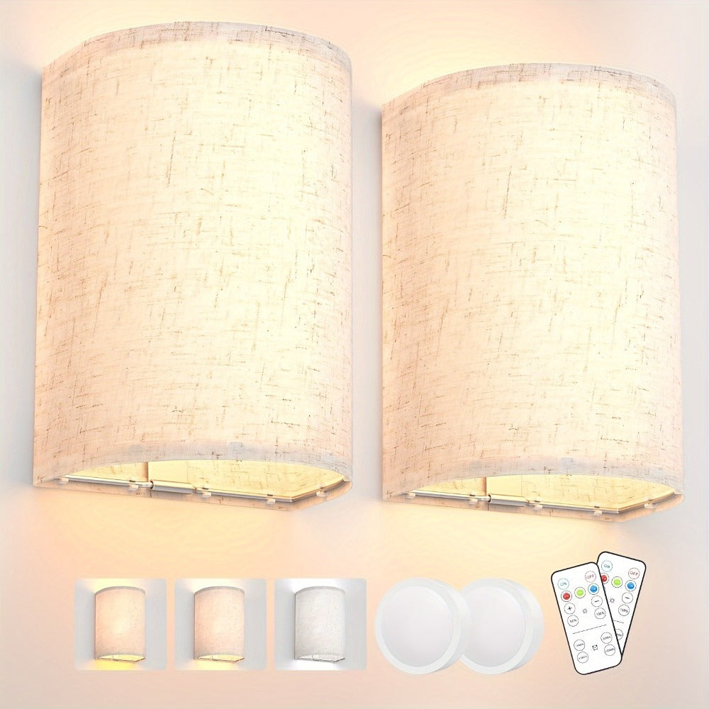 Rechargeable Wall Sconce Set of 2 ¨C Wireless Fabric Shade Wall Light with Remote Control, Magnetic Puck Light, Dimmable CCT or RGB Color, No Wiring for Bedroom Living Room Hallway Decor