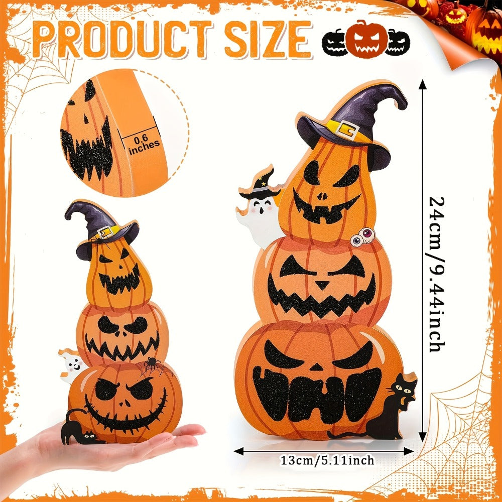 Halloween Tiered Tray Decor Set of 2 ¨C Glittery Wooden Pumpkin Stack with Witch Hat, Spooky Centerpiece for Autumn & Fall Home Decoration, Halloween Tabletop Ornament & Seasonal Tiered Tray Accessory