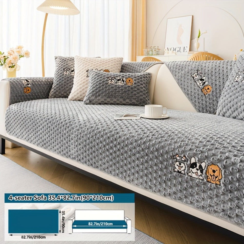 Velvet Sofa Slipcover Honeycomb Texture 1pc - Cute Dog Embroidery Bohemian Style Non-Slip Pet Friendly Machine Washable Polyester Couch Cover | Gray Khaki White | 2 3 4 Seat Living Room Home Decor