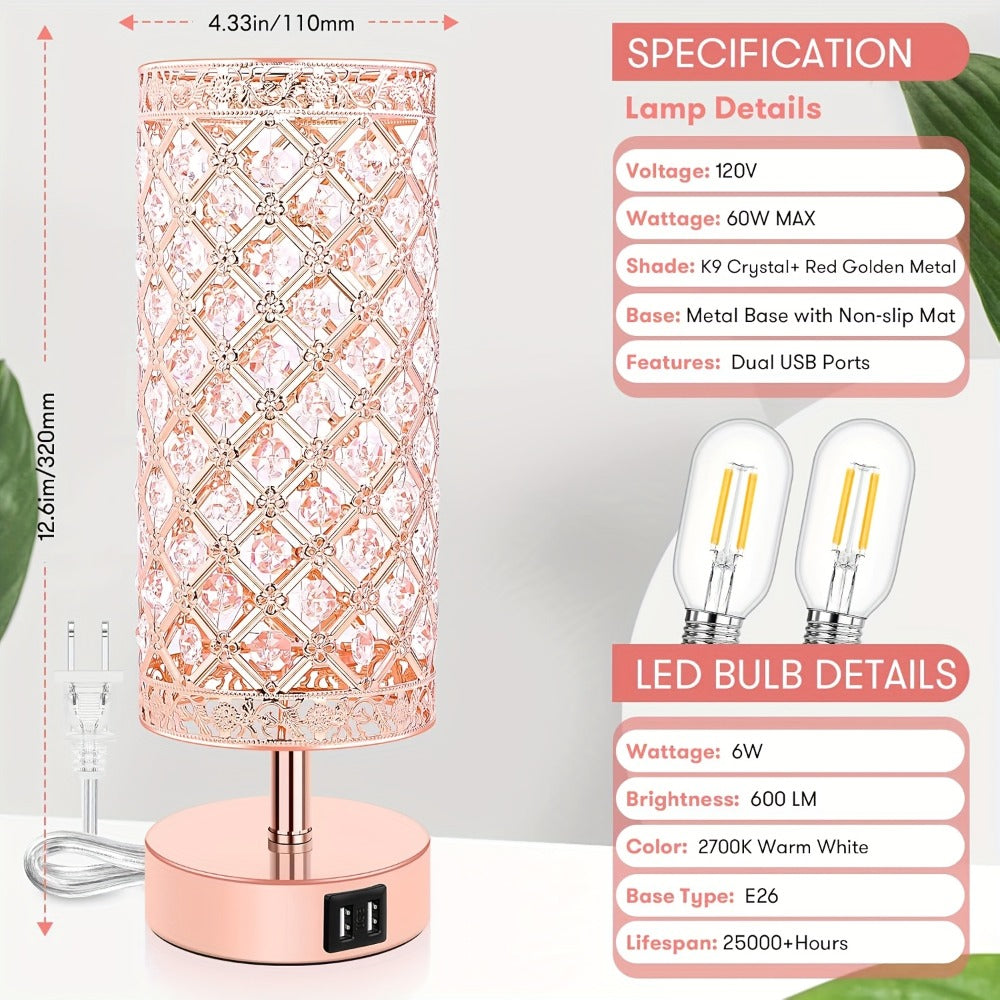 Crystal Bedside Table Lamp with Touch Control & 2 USB Charging Ports, 3-Way Dimmable Nightstand Lamp with Decorative Crystal Base, LED Bulb Included, for Bedroom Living Room Office