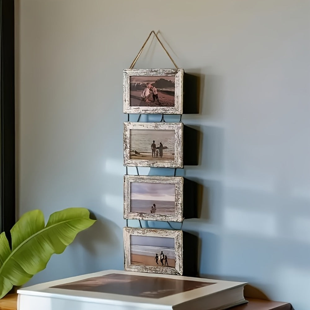 Picture Frame Set 4pcs Wooden Glass 4x6 with Flip-Top Display ¨C Collage Photo Frames for Wall & Desktop, Interchangeable Mat, Home Decor Room Aesthetic ¨C Wedding, Housewarming & Holiday Gift (White/Brown)