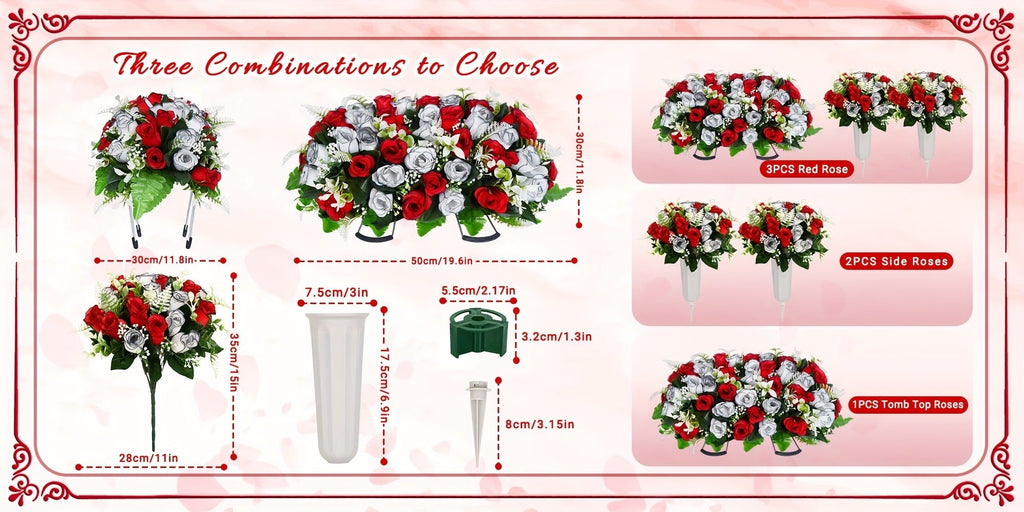 Artificial Cemetery Flowers for Grave with Saddle, Silk Rose Bouquet Headstone Decoration, Memorial Day Grave Flowers, Outdoor Grave Marker Floral Arrangement, 1/2/3 PCS