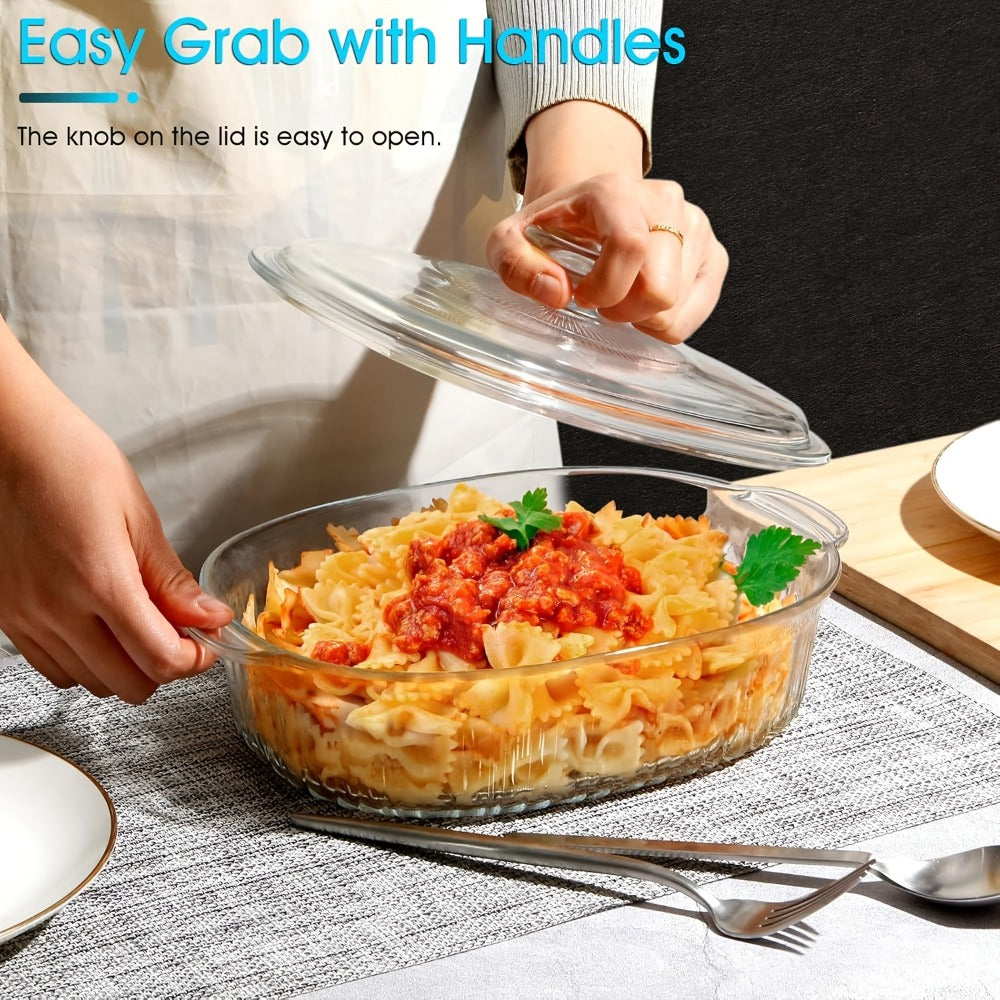 Glass Casserole Dish with Lid, Oval Ribbed Roasting Pan, Oven & Microwave Safe Covered Baking Dish, Transparent Deep Glass Cookware for Chicken Pasta Desserts, 50oz & 85oz Options