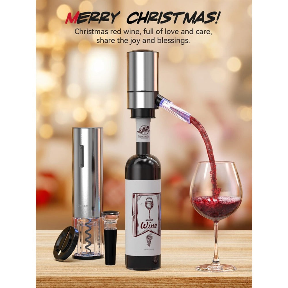 Electric Wine Opener Gift Set Rechargeable, 5-Piece Wine Accessory Kit with Aerator, Vacuum Stoppers, Foil Cutter & Bottle Opener, Stainless Steel, Perfect for Home Bar, Dinner Parties & Gifting