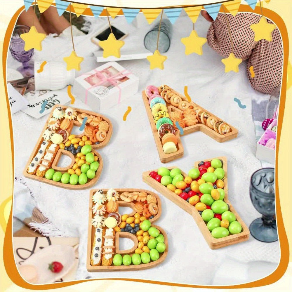 Baby Shower Charcuterie Board Set ¨C 4-Piece BABY Letter Shaped Wooden Serving Tray, Bamboo Snack Platter for Gender Reveal, Birthday Party, Cake & Cookie Display
