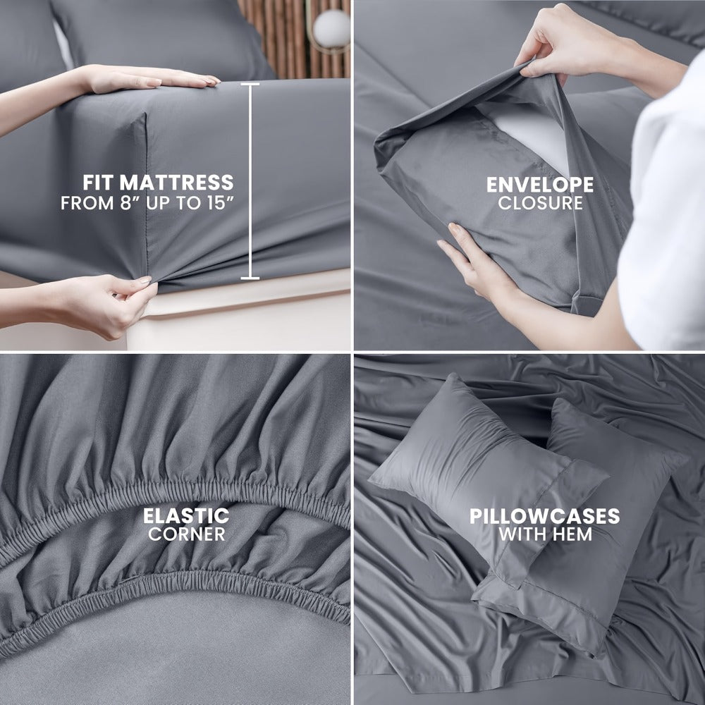 Cooling Fitted Sheet Bamboo Blend Ultra-Soft Deep Pocket Bed Sheet for Hot Sleepers Twin Full Queen King Size Machine Washable Breathable Cooling Bedding White Black Gray Navy Purple Apricot