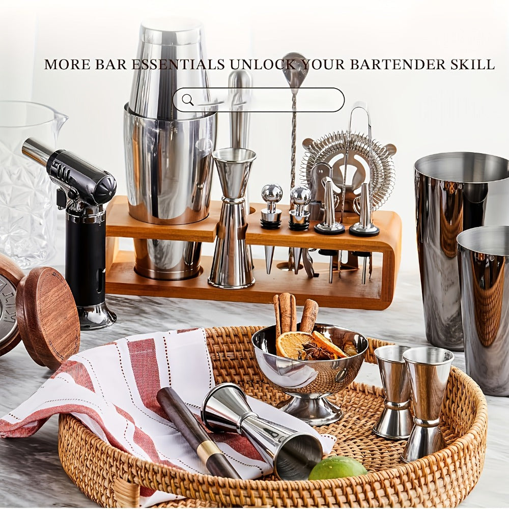 Cocktail Shaker Set Bartender Kit with Stand - 304 Stainless Steel Bar Tools Drink Mixer Set with Martini Shaker Jigger Strainer Mixer Spoon Muddler Liquor Pourers