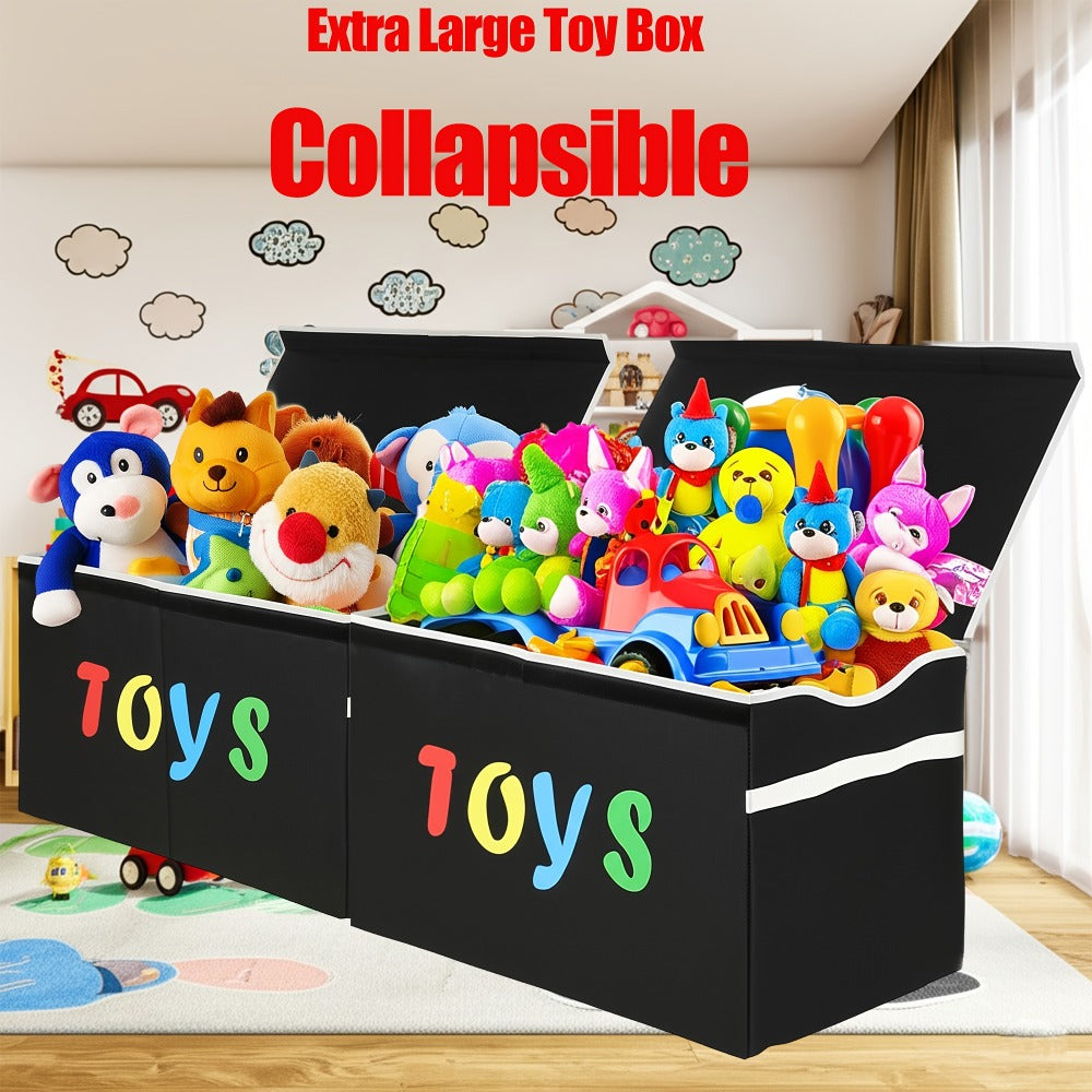 Collapsible Storage Box with Lid & Adjustable Dividers | Large Toy Chest Bin 54x16x14 Inch | Foldable Organizer for Playroom Bedroom Nursery | Boys Girls Toy Storage Box Black Dark Grey