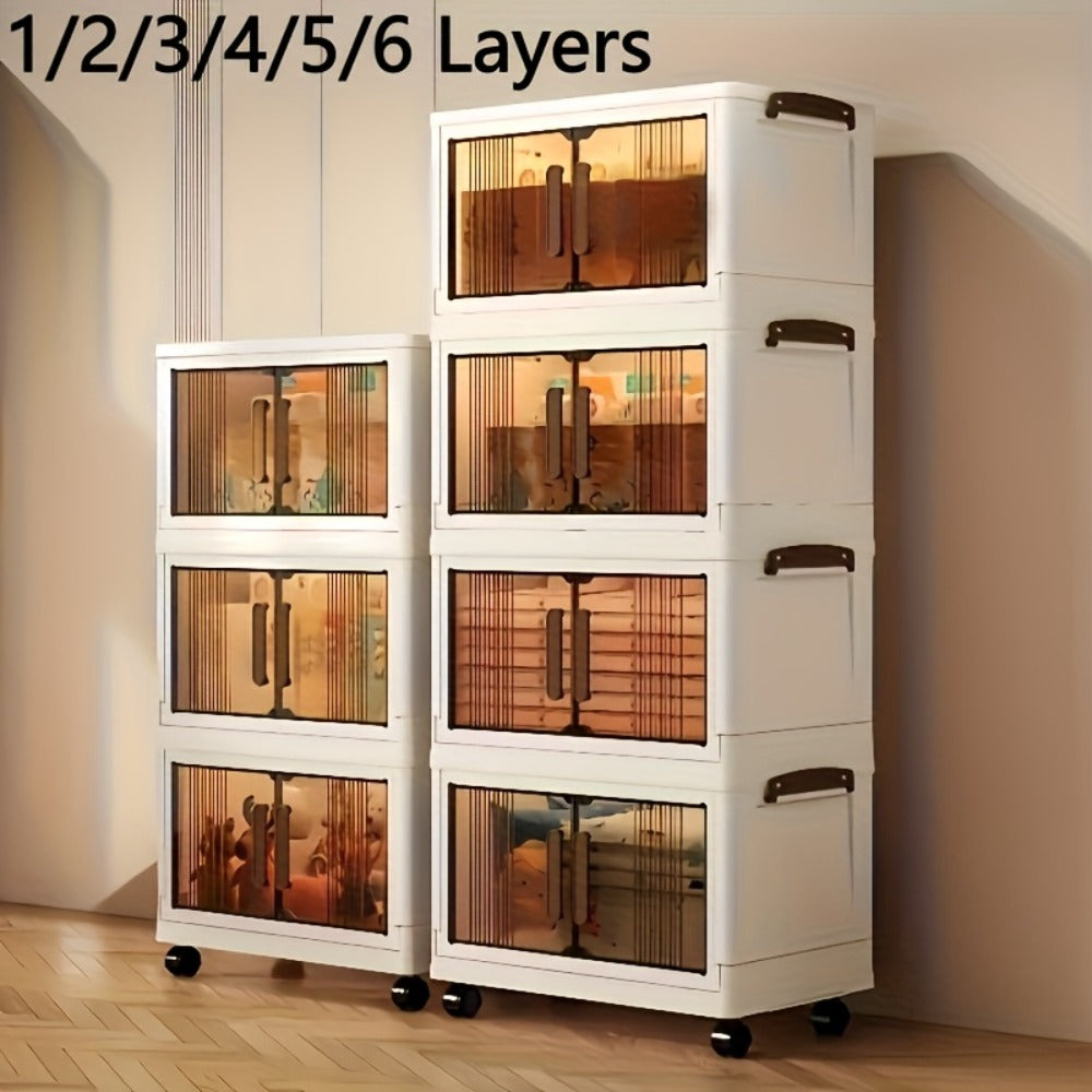 Folding Storage Cabinet 1-6 Tier Collapsible Stackable Organizer with Wheels and Lids - Extra Large Foldable Storage Locker for Closet Bedroom Office Kitchen 50CM Wide