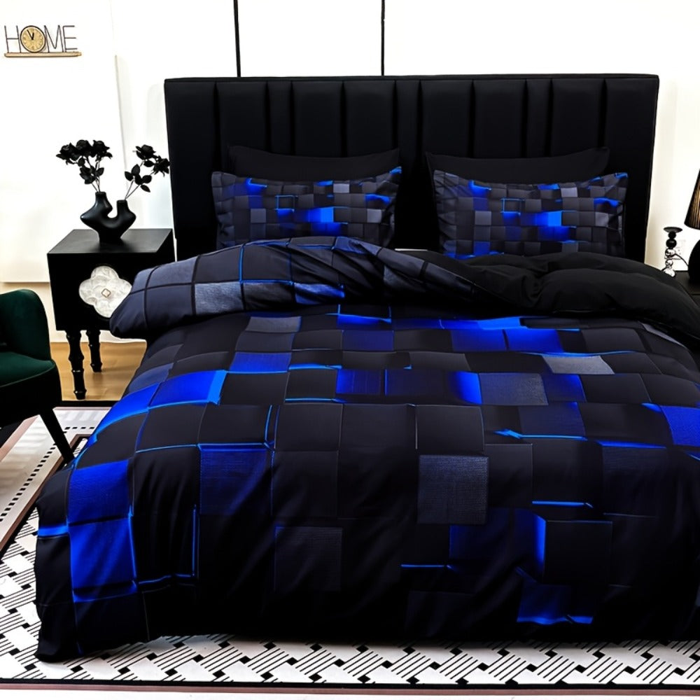 Duvet Cover Set 3 Piece Plaid Digital Print Polyester Bedding All Season Twin Full Queen King Size with Pillowcases Purple Blue Red