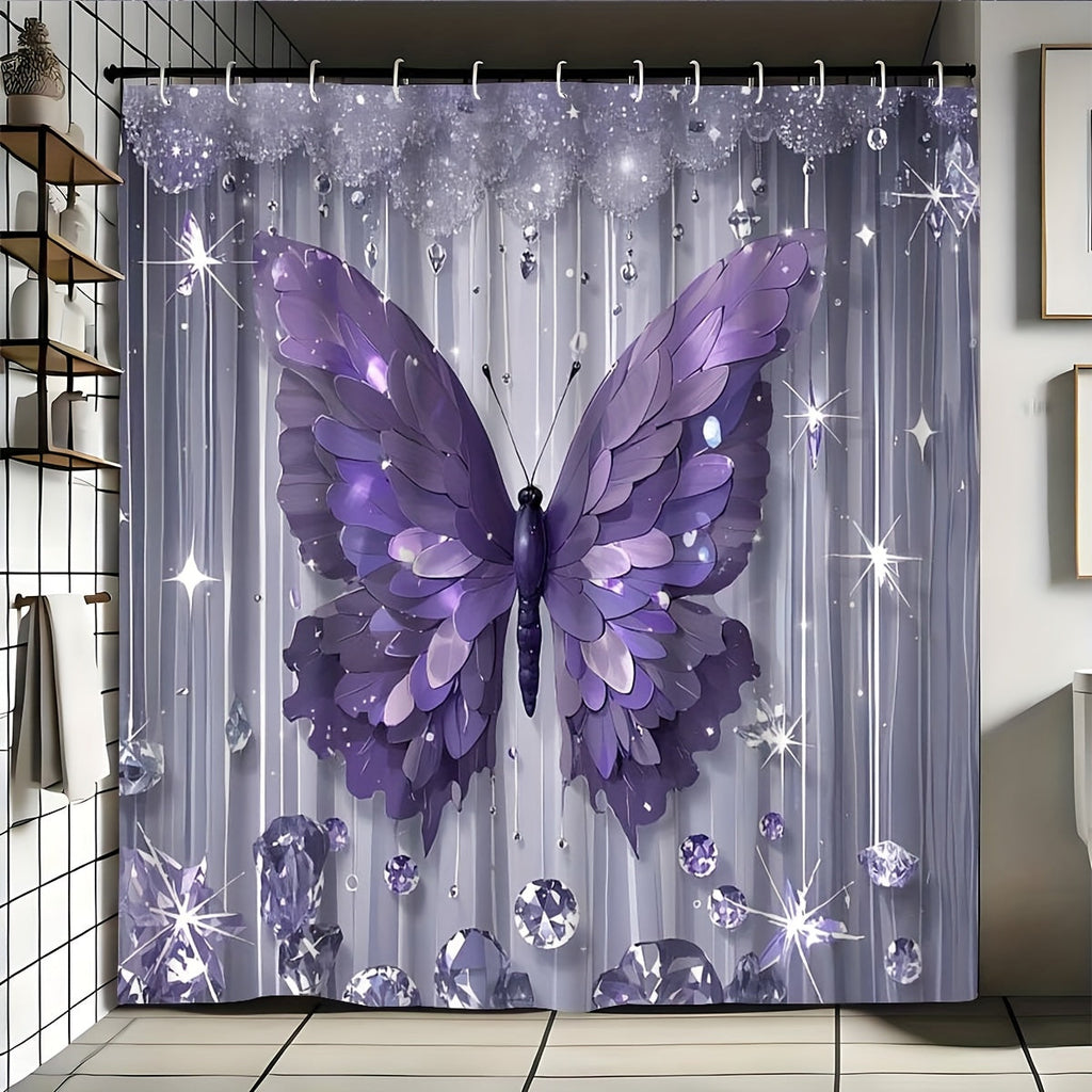 Shower Curtain Set Diamond Butterfly Print 70.8x70.8 Inch - 4 Piece Bathroom Set with U-Shape Toilet Seat Cover Non-Slip Rug 12 Hooks Machine Washable | Cyan Purple Pink | All Season Bathroom Decor
