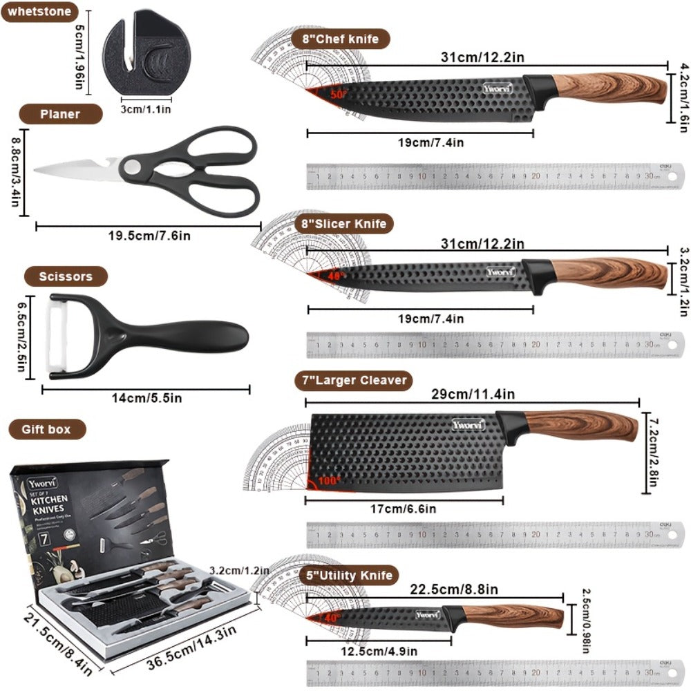 Chef Knife Set 7 Piece High Carbon Stainless Steel Ultra Sharp ¨C Anti-Stick Ergonomic PP Handle, Includes Slicing Knife, Scraper, Scissors & Whetstone, Gift Box for Home, Family & Travel