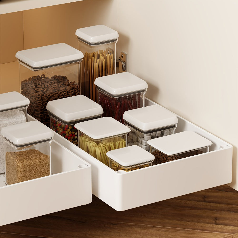 Pull-Out Cabinet Organizer 2-Pack Retractable Slide-Out Storage Bins No Drill Removable Kitchen Pantry Bathroom Shelf Organizer Boho Style Plastic Drawer Basket
